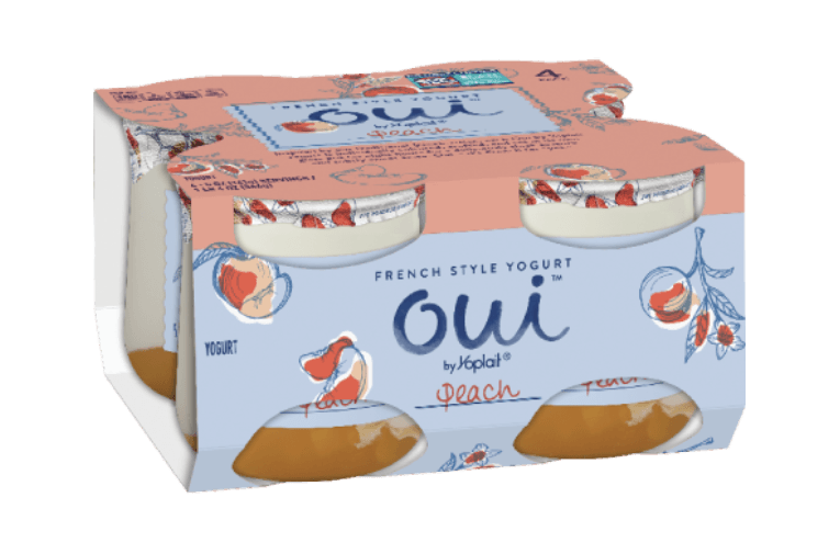 Oui by Yoplait peach french style yogurt, front of 4-pack
