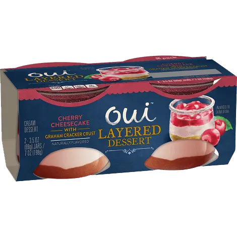 Oui by Yoplait Cherry Cheesecake with Graham Cracker Crust Layered Dessert 2-pack, front of product.