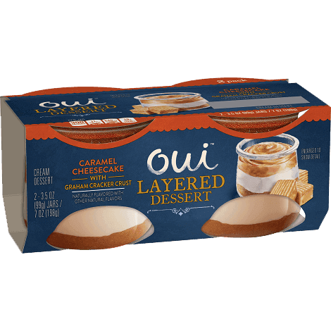 Oui by Yoplait Caramel Cheesecake with Graham Cracker Crust Layered Dessert 2-pack, front of product.