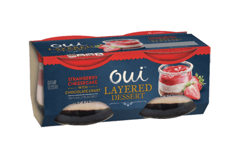 Oui by Yoplait Strawberry Cheesecake with Graham Cracker Crust Layered Dessert 2-pack, front of product.
