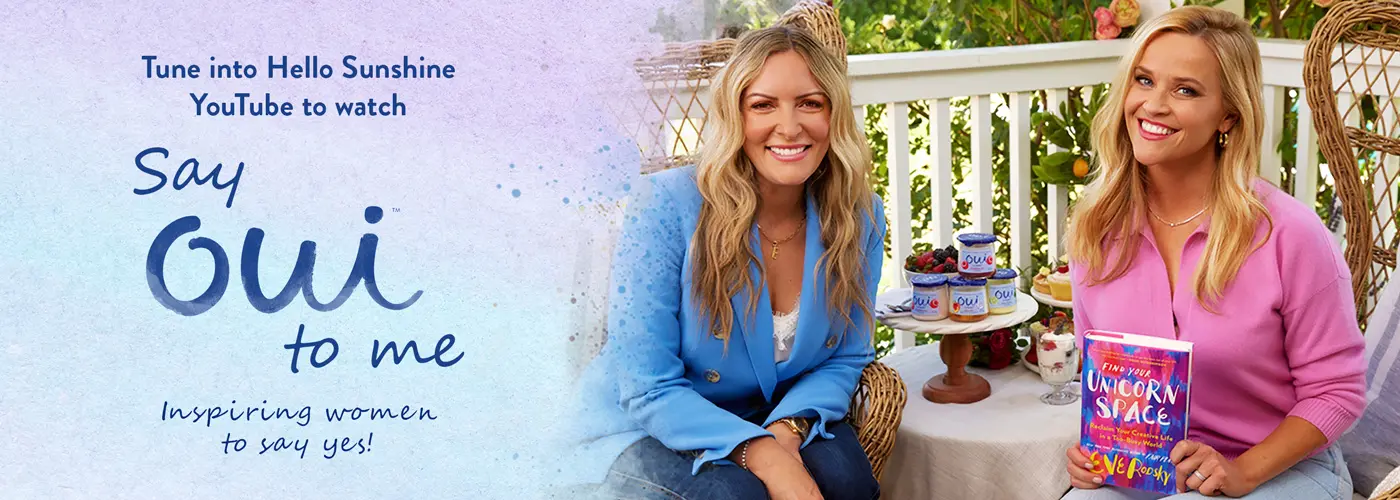 Graphic banner featuring author Eve Rodsky and Reese Witherspoon with the book, Find Your Unicorn Space and text that reads Tune into Hello Sunshine YouTube to watch Say oui to me Inspiring women to say yes!