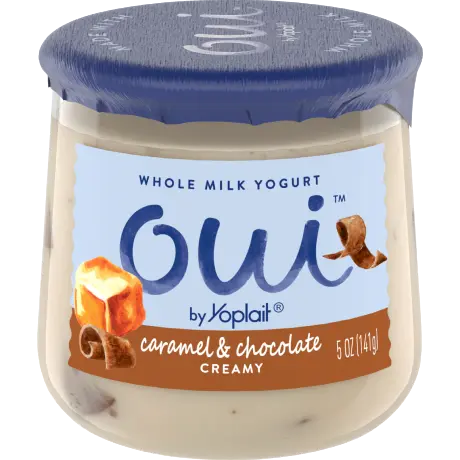 Oui by Yoplait Caramel & Chocolate Creamy Whole Milk Yogurt, 5 oz., front of product.