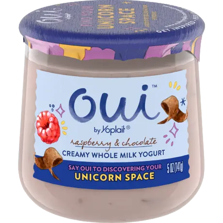Oui by Raspberry & Chocolate Creamy Whole Milk Yogurt, 5 oz., front of product.