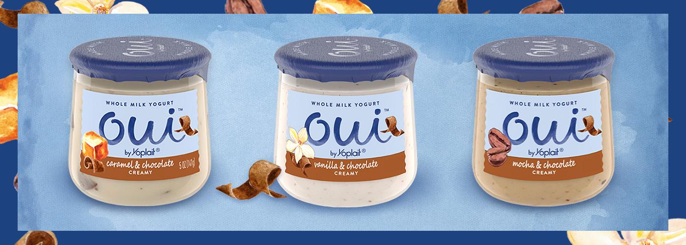 Graphic banner of 3 Oui by Yoplait yogurt flavors: Caramel & Chocolate, Vanilla & Chocolate, and Mocha & Chocolate on a blue watercolor background.