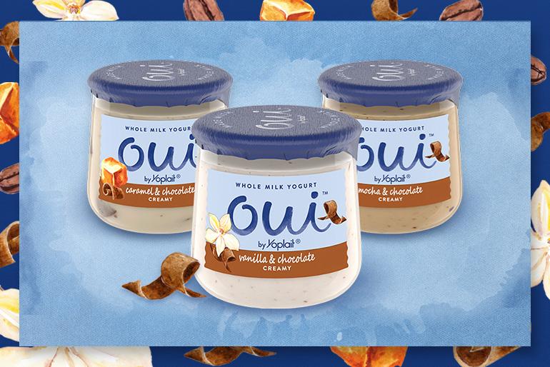 Graphic banner of 3 Oui by Yoplait yogurt flavors: Caramel & Chocolate, Vanilla & Chocolate, and Mocha & Chocolate on a blue watercolor background.